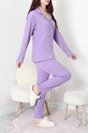 Kadın Bürümcük Düğmeli Pijama Takımı Lila