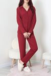 Kadın Bürümcük Düğmeli Pijama Takımı Bordo