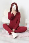 Kadın Bürümcük Düğmeli Pijama Takımı Bordo