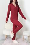 Kadın Bürümcük Düğmeli Pijama Takımı Bordo