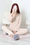 Kadın Bürümcük Düğmeli Pijama Takımı Bej