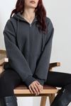 Kadın 3 İplik Şardonlu Fermuarlı Kapşonlu Sweat Füme