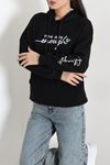 Kadın Kapşonlu Baskılı Sweat Siyah Model TV-101457