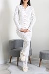 Kadın Bürümcük Düğmeli Pijama Takımı Beyaz Pembe