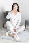 Kadın Bürümcük Düğmeli Pijama Takımı Beyaz Pembe