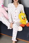 Kadın Bürümcük Düğmeli Pijama Takımı Kırmızıkalp