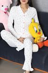 Kadın Bürümcük Düğmeli Pijama Takımı Beyaz Pembe