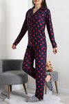 Kadın Süet Düğmeli Pijama Takımı Lacikırmızı