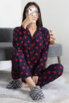 Kadın Süet Düğmeli Pijama Takımı Lacikırmızı