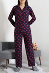 Kadın Süet Düğmeli Pijama Takımı Lacikırmızı