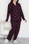 Kadın Büyük Beden Süet Düğmeli Pijama Takımı Lacikırmızı