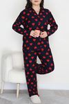 Kadın Büyük Beden Süet Düğmeli Pijama Takımı Lacikırmızı