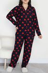 Kadın Büyük Beden Süet Düğmeli Pijama Takımı Lacikırmızı