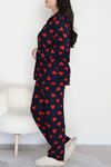 Kadın Büyük Beden Süet Düğmeli Pijama Takımı Lacikırmızı