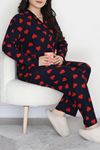 Kadın Büyük Beden Süet Düğmeli Pijama Takımı Lacikırmızı