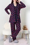 Kadın Süet 3'Lü Pijama Set Lacivertkırmızı