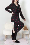Kadın Süet 3'Lü Pijama Set Siyahkırmızı
