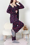 Kadın Süet 3'Lü Pijama Set Lacivertkırmızı