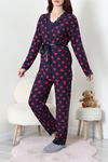 Kadın Süet 3'Lü Pijama Set Lacivertkırmızı