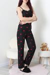 Kadın Süet 3'Lü Pijama Set Siyahkırmızı