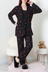 Kadın Süet 3'Lü Pijama Set Siyahkırmızı