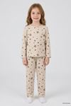 5-12 Yaş Süet Düğmeli Çocuk Pijama Takımı Bejkahve