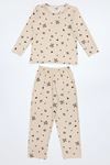 5-12 Yaş Süet Düğmeli Çocuk Pijama Takımı Bejkahve
