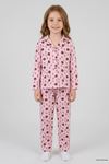 5-12 Yaş Baskılı Süet Düğmeli Çocuk Pijama Takımı Pembekahve