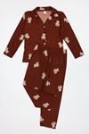 5-12 Yaş Baskılı Süet Düğmeli Çocuk Pijama Takımı Kiremit