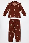 5-12 Yaş Baskılı Süet Düğmeli Çocuk Pijama Takımı Kiremit
