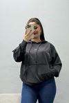 Kadın 2 İplik Kapşonlu Baskılı Sweatshirt Antrasit