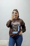 Kadın 3 İplik Kapşonlu Baskılı Sweat Kahve