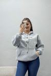 Kadın Kapşonlu Baskılı Sweat Gri