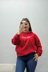 Kadın Üç İplik Kapşonlu Baskılı Sweat Kırmızı