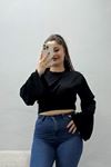 Kadın Modal Bisiklet Yaka Büzgülü Bel Bluz Siyah
