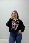Kadın 2 İplik Çizgili Baskılı Sweat Siyah Model TV-101684
