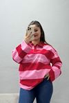 Kadın 2 İplik Çizgili Baskılı Sweat Pembe