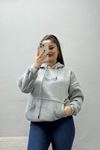 Kadın Kapşonlu Baskılı Sweat Gri