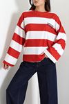 Kadın 2 İplik Çizgili Baskılı Sweatshirt Kırmızı