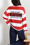 Kadın 2 İplik Çizgili Baskılı Sweatshirt Kırmızı