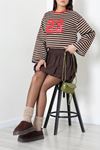 Kadın Çizgili Baskılı Bisiklet Yaka Sweatshirt Kahve