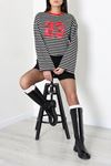 Kadın Çizgili Baskılı Bisiklet Yaka Sweatshirt Siyah