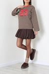 Kadın Çizgili Baskılı Bisiklet Yaka Sweatshirt Kahve