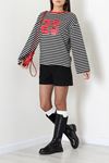 Kadın Çizgili Baskılı Bisiklet Yaka Sweatshirt Siyah