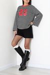 Kadın Çizgili Baskılı Bisiklet Yaka Sweatshirt Siyah