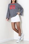 Kadın Çizgili Baskılı Bisiklet Yaka Sweatshirt Lacivert