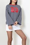 Kadın Çizgili Baskılı Bisiklet Yaka Sweatshirt Lacivert