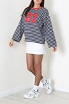 Kadın Çizgili Baskılı Bisiklet Yaka Sweatshirt Lacivert