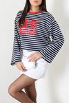 Kadın Çizgili Baskılı Bisiklet Yaka Sweatshirt Lacivert