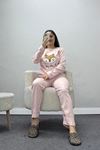Kadın Fitilli Baskılı Pijama Takım Pudra